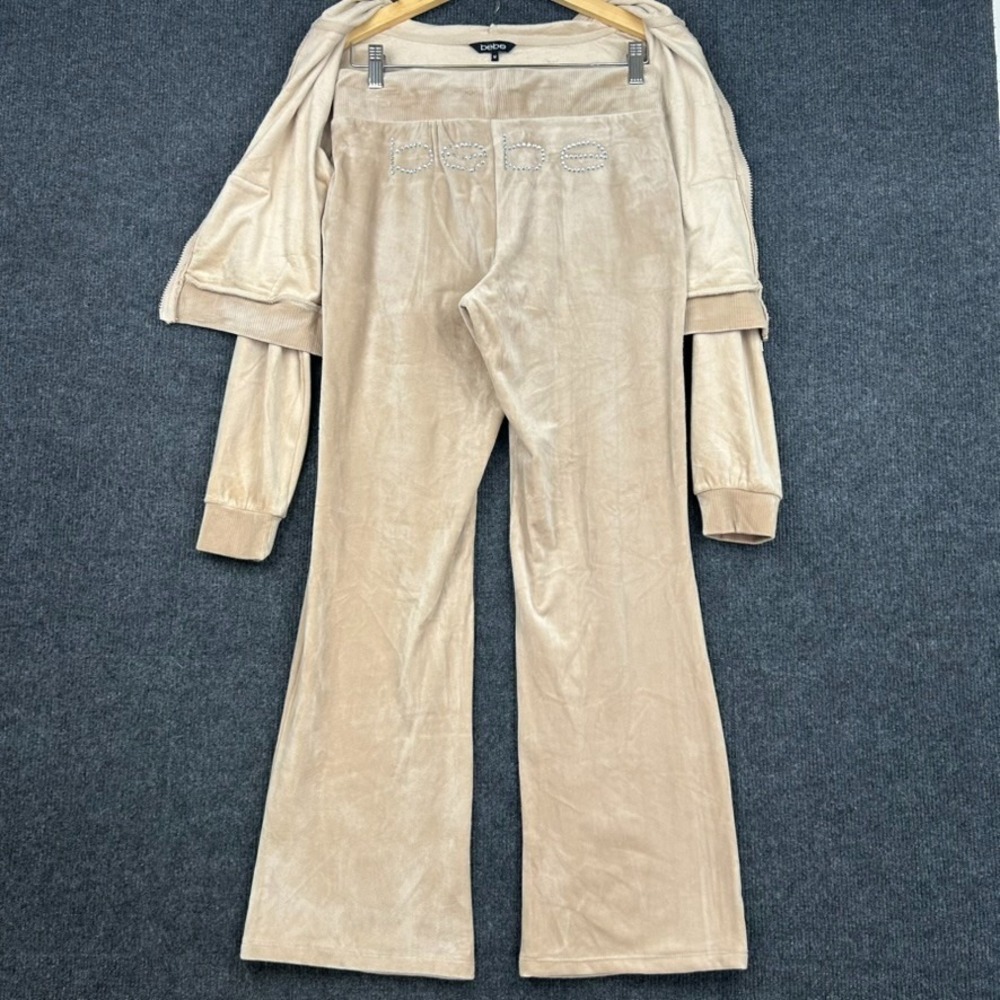 bebe Beige Velour Tracksuit Zip Up Hoodie Rhinestone 'bebe' Spell Out - Medium - Picture 4 of 16